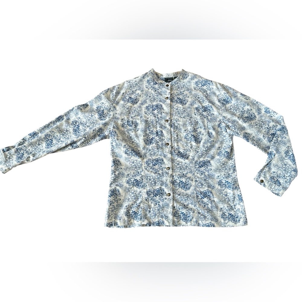 Vintage Liz Wear Large Blue,White Floral 100% Cotton, Front Buttons, Band Collar